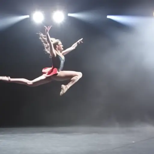 An image showcasing a dancer gracefully leaping through the air, surrounded by cinematic lighting and camera equipment, capturing the seamless fusion of stage choreography and film/TV production