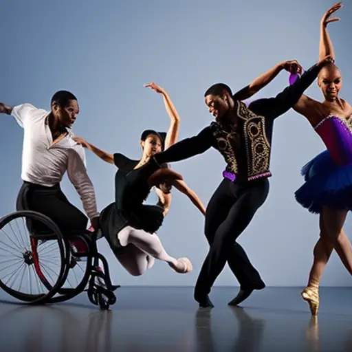 An image showcasing diverse dancers in unconventional choreography: a wheelchair-using dancer gracefully twirling, a male ballet dancer lifting a female partner, and a group of dancers of various ethnicities merging traditional and contemporary moves