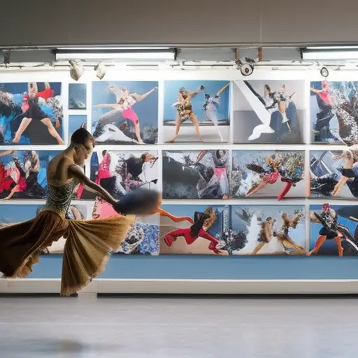 An image of a choreographer's studio, filled with vibrant costumes, fluid movements captured mid-air, and a wall adorned with posters showcasing their diverse range of choreographic work