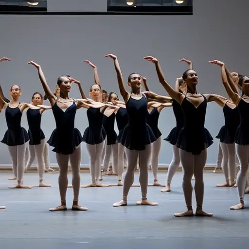 An image featuring a group of aspiring dancers, immersed in a spacious studio filled with mirrors and ballet barres