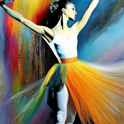 An image showcasing a dynamic ballet dancer, seamlessly blending elements of painting, music, and theater
