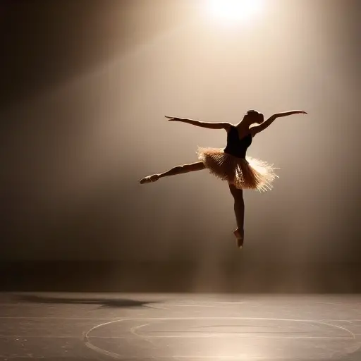 An image of a dimly lit dance studio, where rays of sunlight stream through a large window, illuminating a solitary dancer in mid-leap, surrounded by floating feathers and delicate strands of ribbon