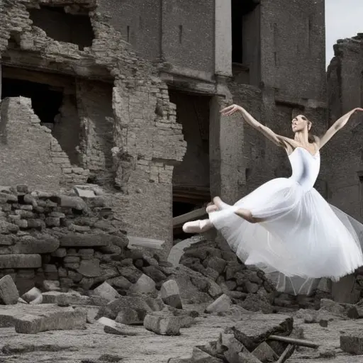 An image of a lone ballerina gracefully leaping amidst crumbling ruins of an ancient civilization