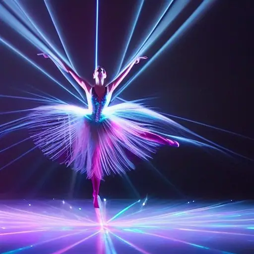 An image showcasing a dancer surrounded by an intricate web of holographic projections, seamlessly integrating technology and multimedia into choreography