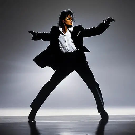 An image showcasing Michael Jackson's iconic moonwalk, with his silhouette gliding effortlessly across a stage illuminated by a spotlight, capturing the essence of his revolutionary choreography and electrifying presence