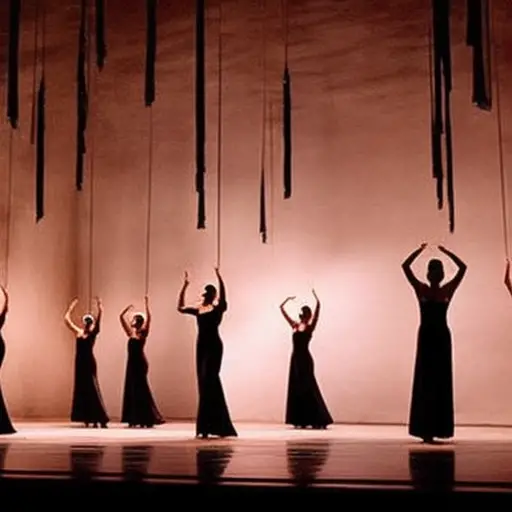 An image showcasing the ethereal world of Tanztheater by Pina Bausch - a mesmerizing dance performance unfolds on a dimly lit stage adorned with scattered autumn leaves, while dancers gracefully intertwine with hanging vines