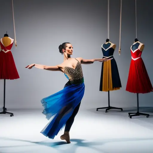 An image of a dancer in a spacious, well-lit studio, surrounded by colorful props and costumes