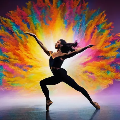 An image capturing a graceful dancer in mid-air, arms outstretched, surrounded by vibrant bursts of color, conveying the evocative power of dance narratives to captivate and transport audiences