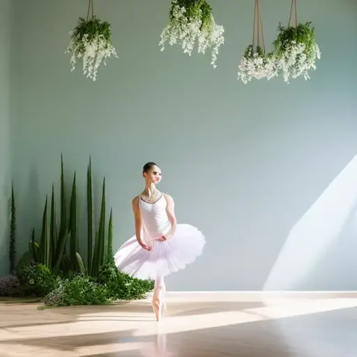 An image of a serene ballet studio, flooded with soft natural light
