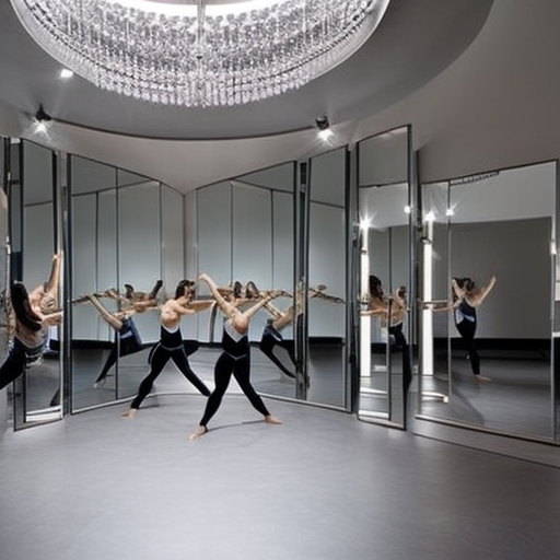 An image that showcases a dance studio filled with mirrored walls, where a choreographer, surrounded by dancers in various poses, passionately demonstrates intricate movements with fluidity and precision
