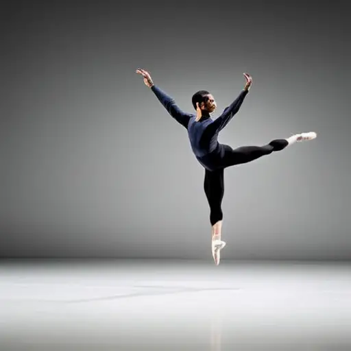 An image that captures the grace and precision of Jerome Robbins' choreography, showcasing dancers in mid-air, their bodies effortlessly intertwining, with dynamic formations against a minimalist backdrop