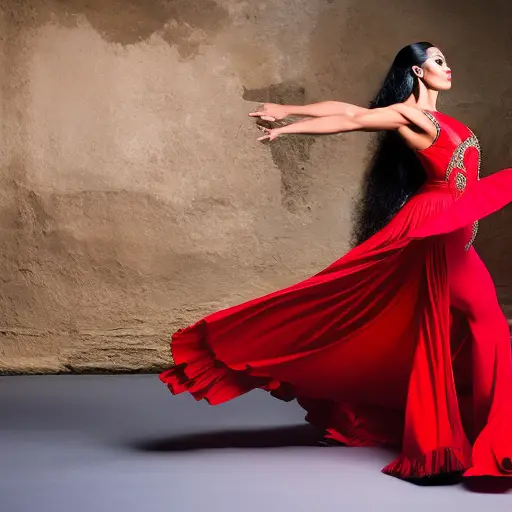 An image capturing the vibrant essence of flamenco's evolution, portraying a traditional dancer in a bold, fiery red dress, juxtaposed with a contemporary dancer in a sleek, modern costume, accompanied by a fusion of traditional and electronic instruments