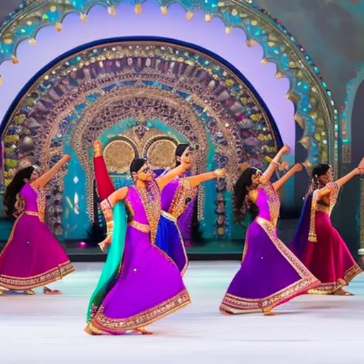 An image showcasing a vibrant Bollywood dance routine with a diverse group of dancers in colorful costumes, surrounded by a crowd of mesmerized onlookers, capturing the global influence and cultural significance of Bollywood choreography
