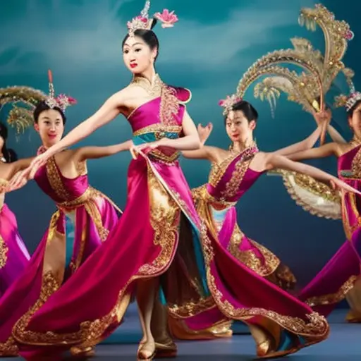 An image that portrays a graceful Chinese classical dancer, adorned in vibrant silk costumes, executing intricate movements, surrounded by a diverse group of international dancers, symbolizing the influence of Chinese dance on global choreography