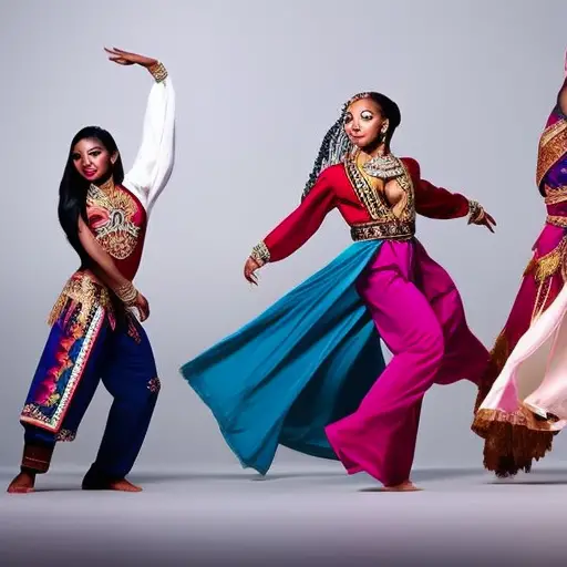 An image that juxtaposes traditional dance elements from different cultures, highlighting appropriation in choreography