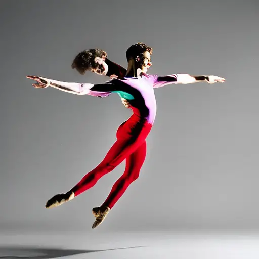 An image showcasing the innovations of Merce Cunningham: a dynamic composition capturing dancers suspended mid-air, their bodies contorted in unconventional angles, surrounded by vibrant bursts of color and light