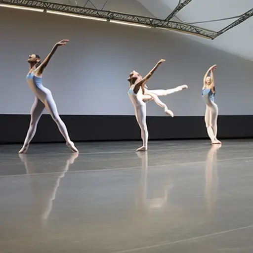 An image capturing the evolution of a dance piece - a choreographer's mind mapping out movements, dancers rehearsing in a mirrored studio, and the final performance on a grand stage