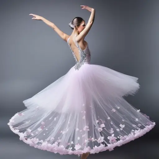 An image depicting a ballerina twirling amidst a surreal dreamscape, with delicate petals floating in the air, evoking the ethereal nature of dreams and fantasies in the process of dance creation