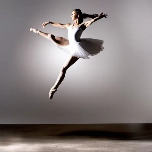 An image showcasing a dancer gracefully leaping mid-air, her body contorted in a fluid and improvised movement, as her extended limbs create a mesmerizing interplay of light and shadow