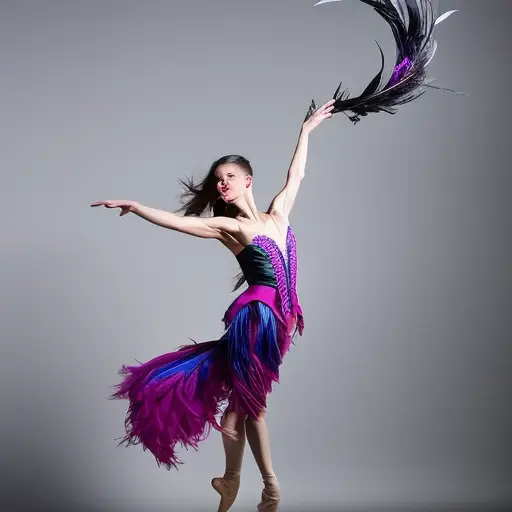 An image depicting a dancer gracefully leaping mid-air, surrounded by a swirl of vividly colored ribbons and delicate feathers
