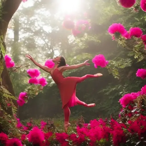 An image that showcases a dancer gracefully leaping through a vibrant forest of towering, oversized flowers and leaves, incorporating the props seamlessly into the choreography