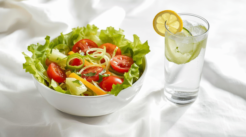 A vibrant, colorful salad in a white bowl, next to a glass of water with lemon, on a bright, clean background symbolizing a fresh start to health.