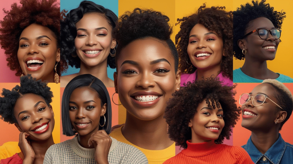 A collage of diverse, stylish moms with different on-trend haircuts, looking happy and confident.