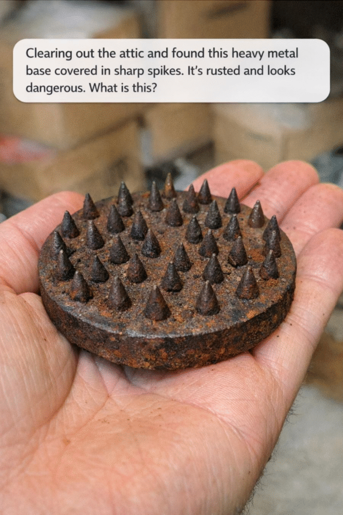 Clearing out the attic and found this heavy metal base covered in sharp spikes. It’s rusted and looks dangerous.
