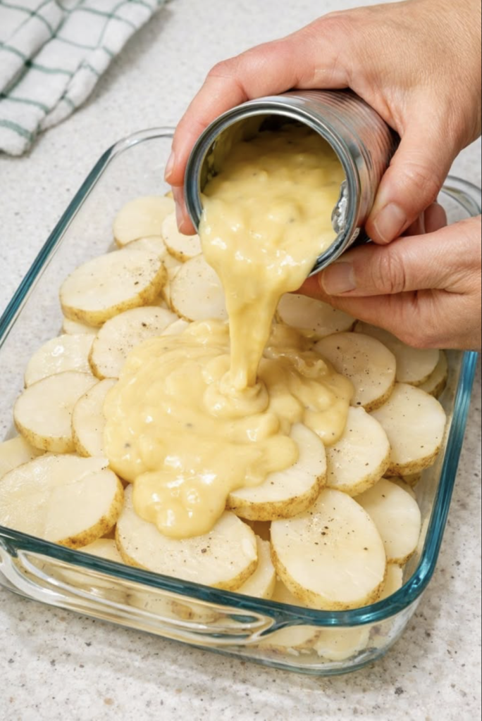 Pour condensed cream of chicken soup over raw sliced russet potatoes, coupled with 1 ingredient, into a glass casserole dish for a comforting meal tha