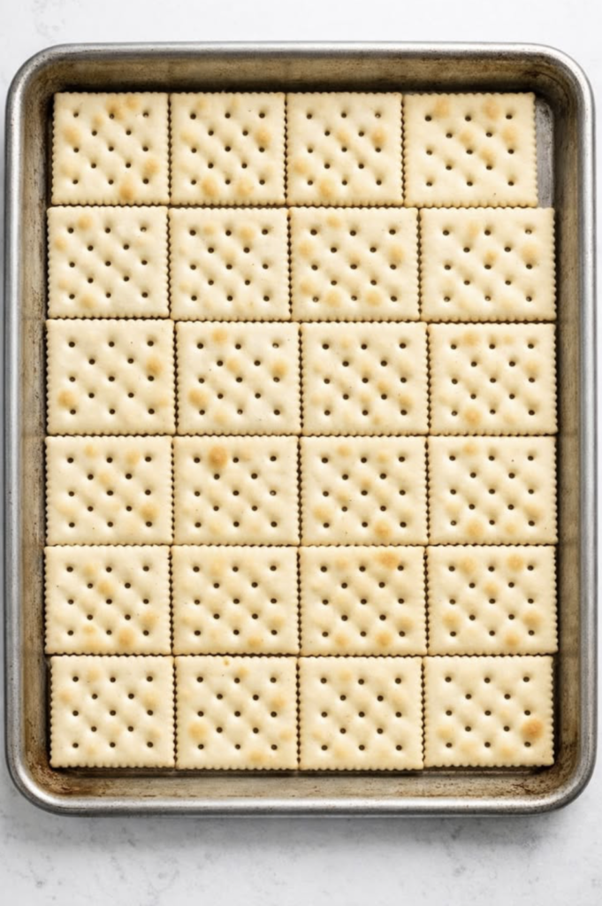 Put dry uncrushed saltine crackers in the sheet pan and 3 other ingredients to get a baked treat so mouthwatering your friends will be begging for mor