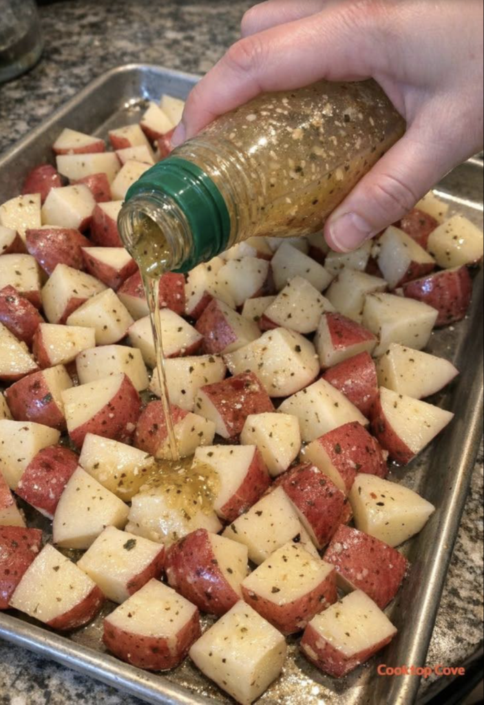 Dump this bottled Italian dressing and only 2 more ingredients over potatoes in the slow cooker for a delicious side made for winter comfort meals.