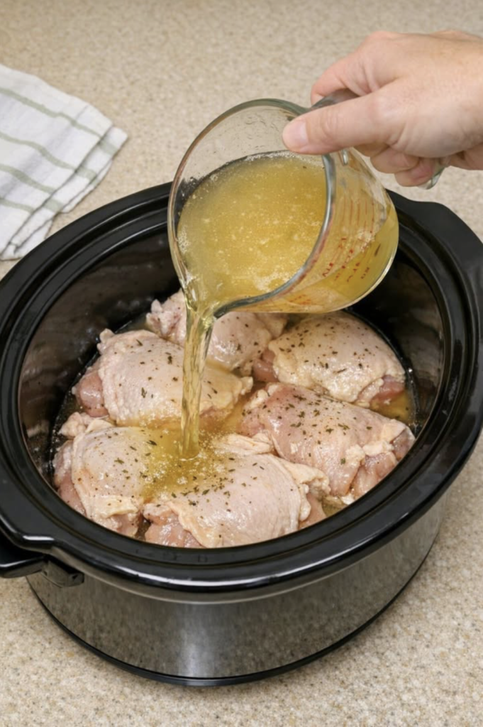 Pour chicken broth over raw chicken thighs, paired with 3 ingredients, into slow cooker for a cozy supper that’s always a yes in my house