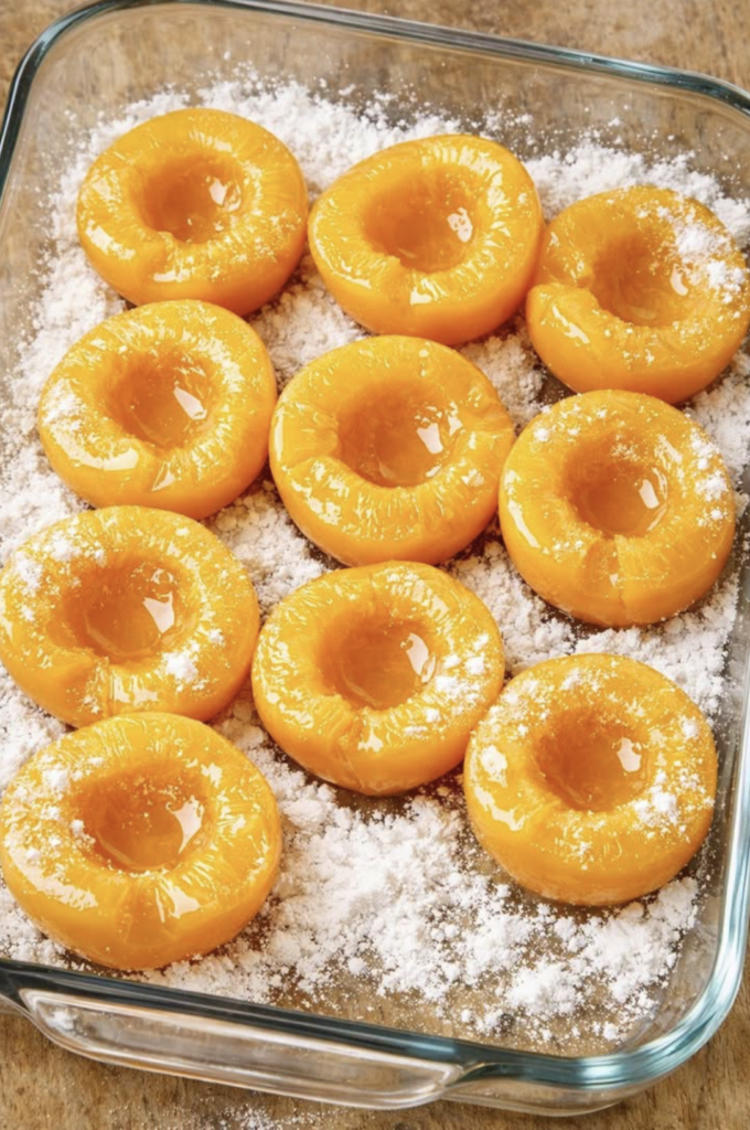 Toss canned peach halves in the glass casserole dish and 3 other simple pantry items to get a treat so delicious your friends will be begging for more