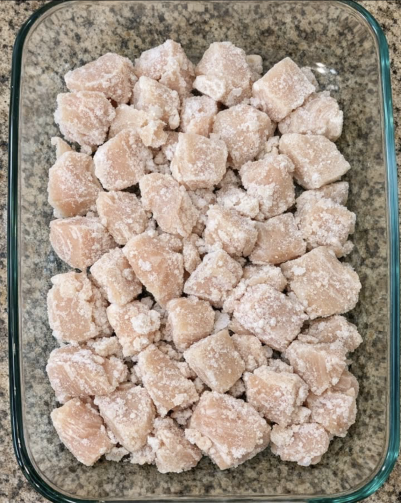 Toss frozen chicken breast chunks in the glass casserole dish and 3 other simple ingredients to get a meal so delicious your family will be begging for more.