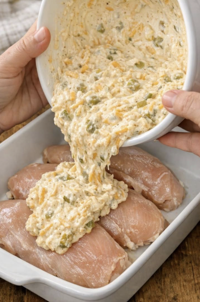 Pour this 1 creamy mixture over chicken breasts into a baking dish for an easy oven meal that’s shockingly craveable