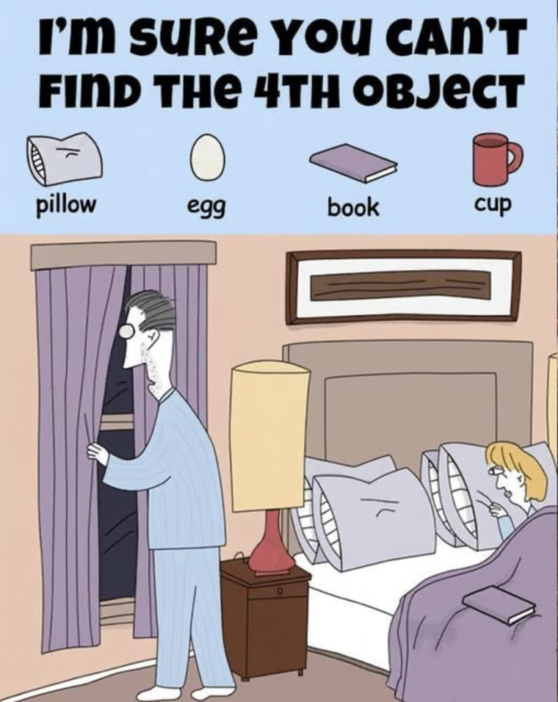 Find Book, Egg, Cup, Pillow.