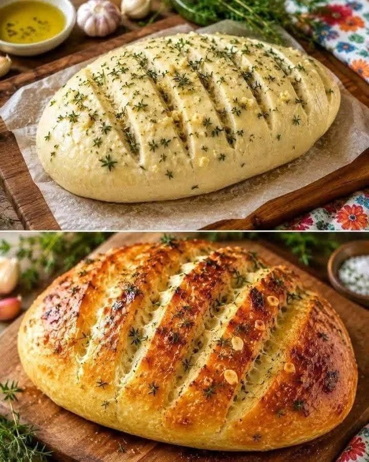  Einfaches Knoblauchbrot ohne Kneten – frisch gebacken in nur 20 Minuten!  Köstliches, goldbraunes Knoblauchbrot mit Olivenöl und frischem Thymian. Perfekt als Beilage oder einfach als leckerer Snack! 