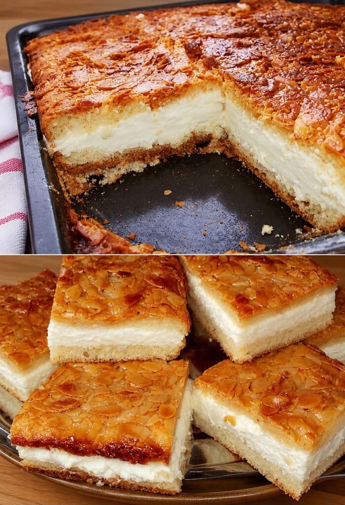 Cremiger Bienenstich-Käsekuchen vom Blech – Mit knuspriger Mandelkruste und zarter Vanillecreme