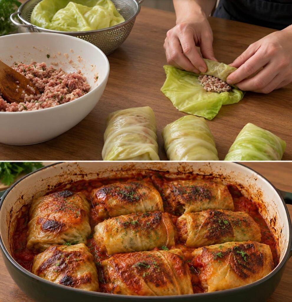 Herzhafte Kohlrouladen mit Hackfleisch in würziger Tomatensoße – Omas klassisches Rezept aus dem Ofen